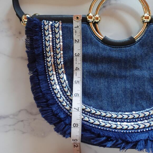 Vince Camuto Elia Fringe Denim Satchel Blue Ink Boho Leather Gold Bracelet Bag - Picture 11 of 13
